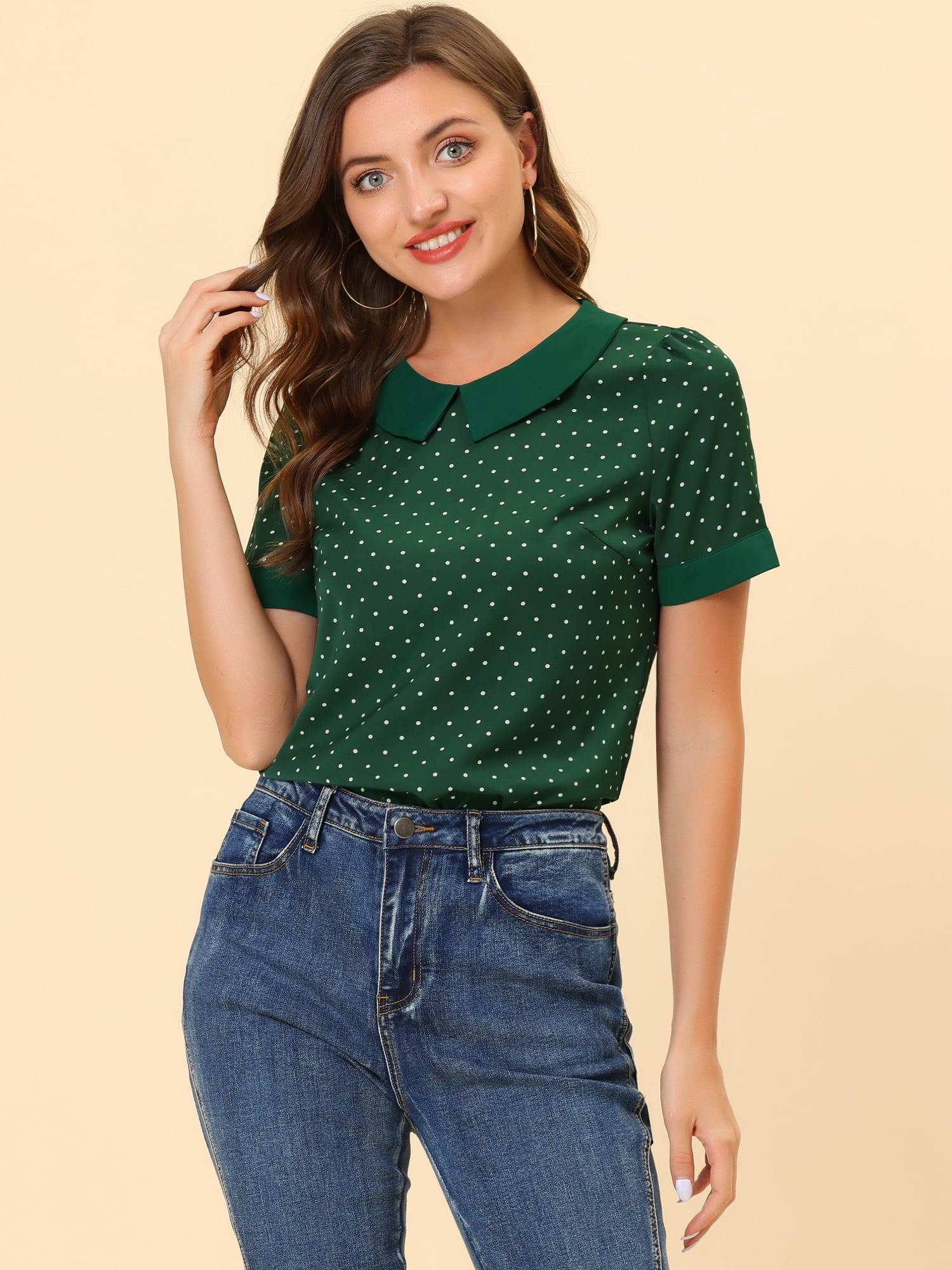 DARING DIVA Women's Peter Pan Collar Polka Dots Short Sleeve Tops XS Green