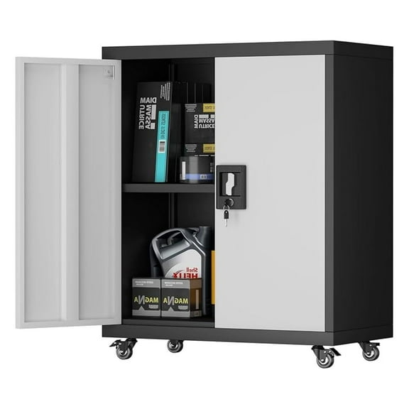 Metal Storage Cabinet with Wheels, Steel Mobile Garage Cabinets with Lockable Door and Adjustable Shelf, Metal Rolling Tool Cabinet, Utility Cabinet for Home, Office, Black Gray
