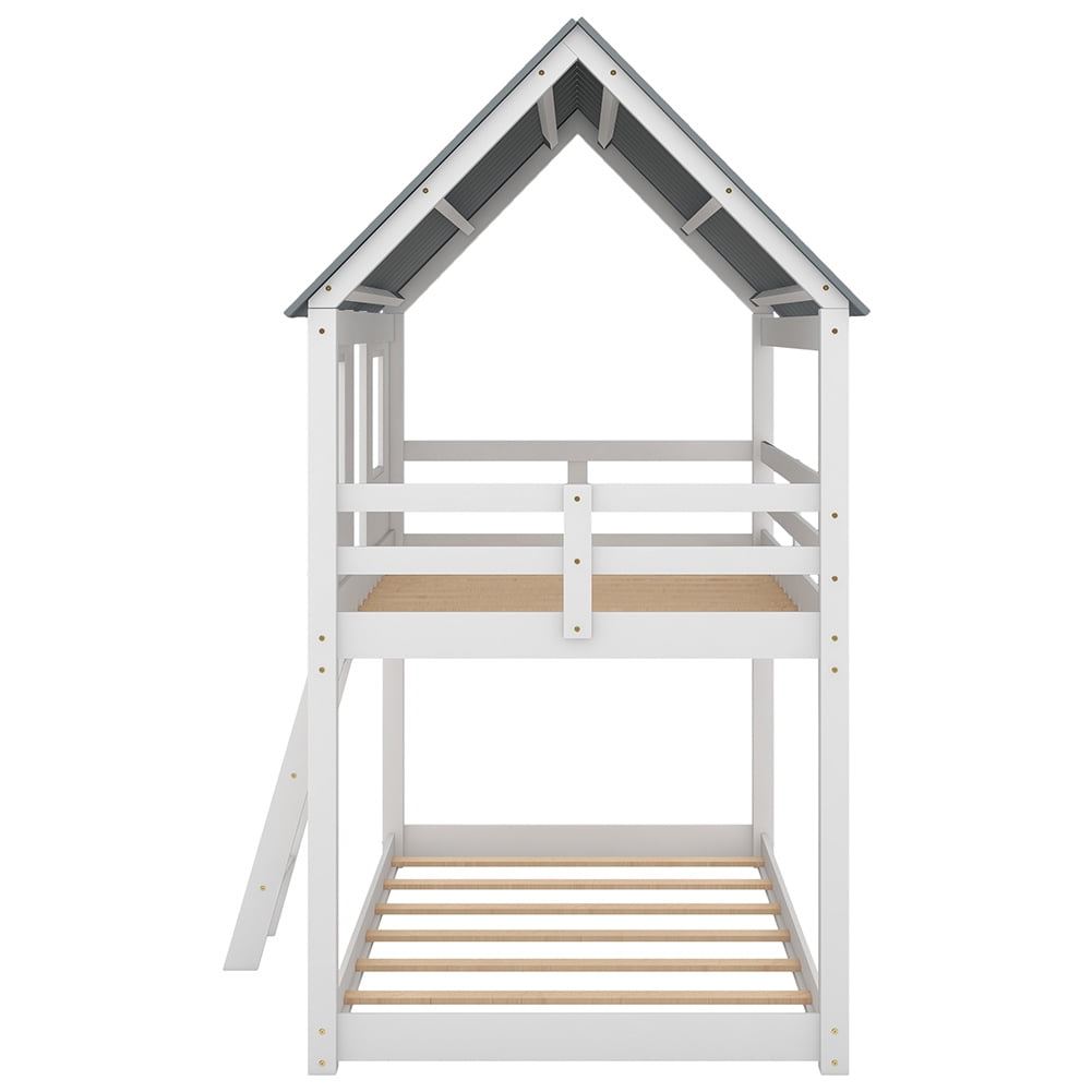 Kadyn Twin over Twin Size Low Bunk Beds with Roof and Fence-shaped Guardrail, White