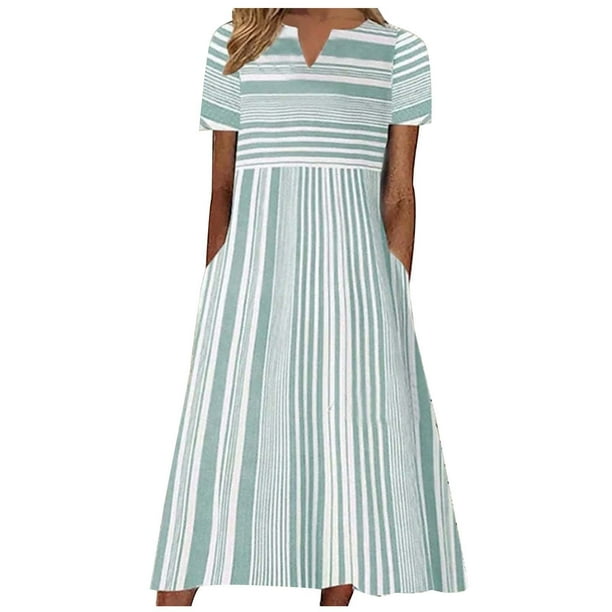 Midi Dresses Women's Striped Print Casual Short Sleeve V-Neck Pocketed ...