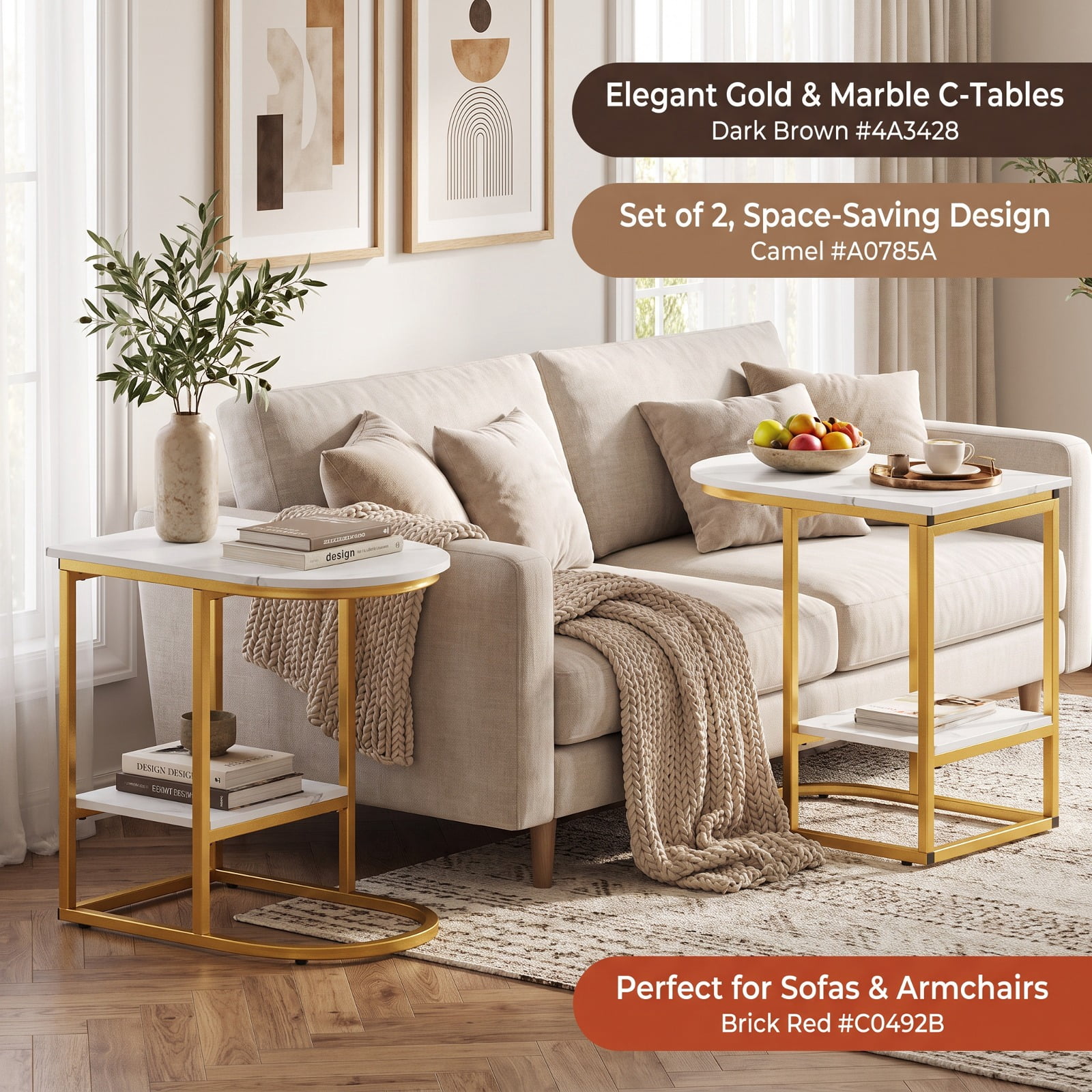 Furnibear C Shaped Modern Sofa Side Table Set of 2 with Faux Marble Tabletop and Two Tier Storage Shelf for Living Room and Bedroom, White