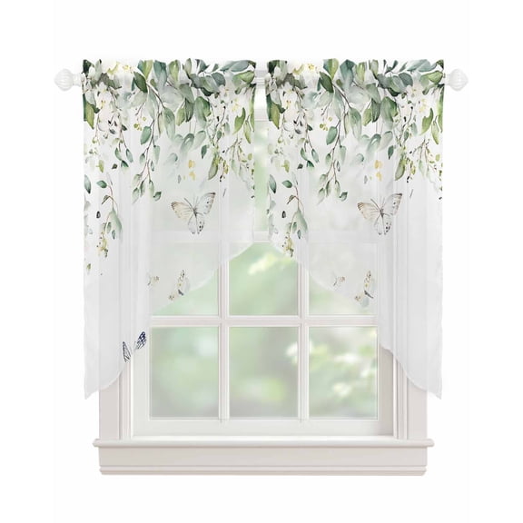 Eucalyptus Swag Valances for Windows, Butterfly Sage Green Leaf Farmhouse Plant Rod Pocket Sheer Valances for Small Windows, Swag Toppers Light Filtering for Kitchen Living Room 2 Panels 28''x36''