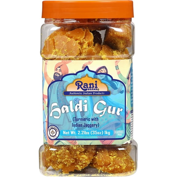 Rani Haldi Gur (Turmeric with Indian Jaggery) Indian Unrefined Raw Cane Sugar 35oz (2.2lbs) 1kg PET Jar ~ Gluten Friendly | Vegan | NON-GMO | Kosher | No Salt or fillers | Indian Product