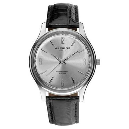 Akribos XXIV Men's Stainless Steel Swiss Quartz Leather-Silver-Tone Strap Watch