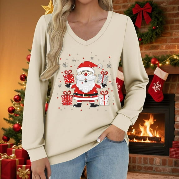 Fall Tops for Women Long Sleeve V Neck Christmas Tees Holiday Party Ready Loose Fit Seasonal Print Comfort Wear Casual Outfits