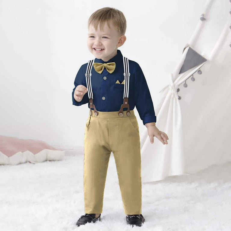 Baby Boy Outfits Long Sleeve Lapel Suspender Suit with Bowknot Gentleman  Wedding Boy Clothes Blue 18-24 Months - Walmart.com