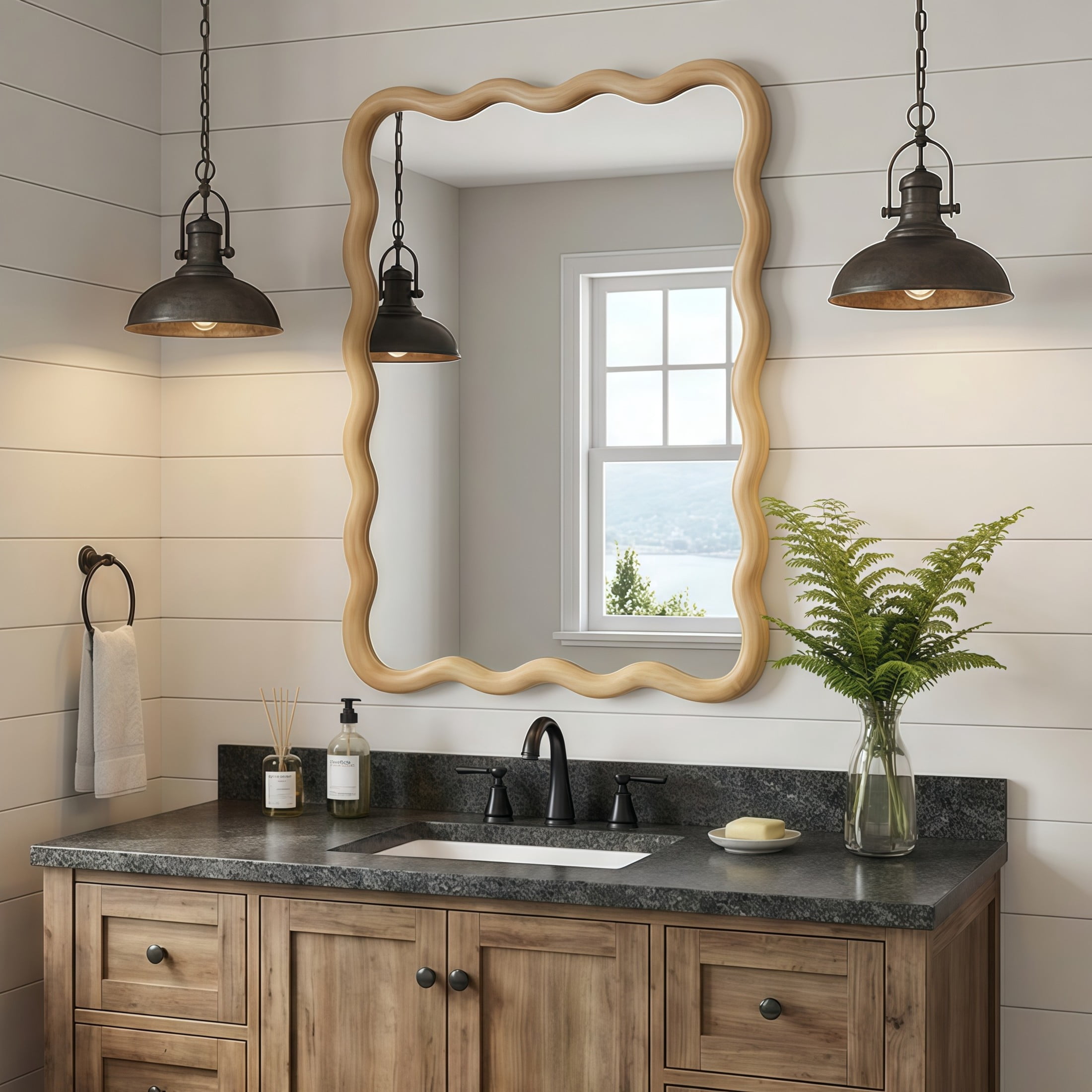 Noble House 20"x30" Wavy Rectangle Wall Mirror, Solid Wood Frame Decorative Accent Mirror for Entryway/Bathroom, Oak