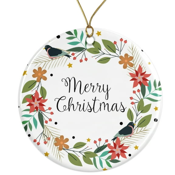 Merry Christmas Floral Wreath Ceramic Ornament - Beautiful Classic Design - 3 Inch Christmas Tree Round Ornament - Xmas Holiday Decor - String Included - ORN0011
