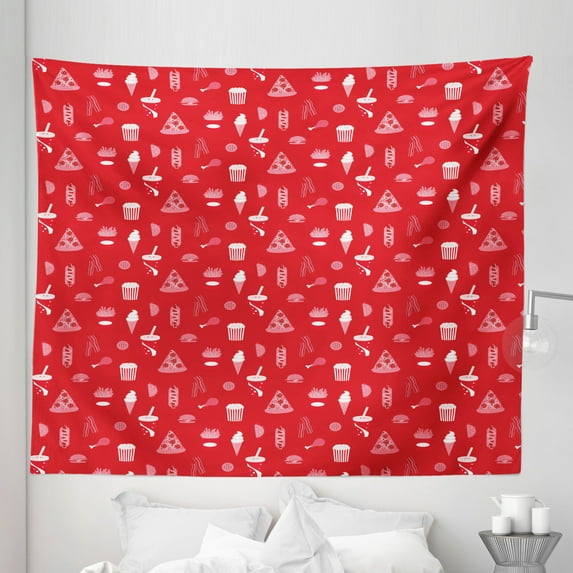 Pizza Tapestry, Street Food Snacks Dish Meal Pattern in Warm Colors Ice Cream Fries Hamburger, Fabric Wall Hanging Decor for Bedroom Living Room Dorm, 5 Sizes, Dark Pink Coral, by Ambesonne