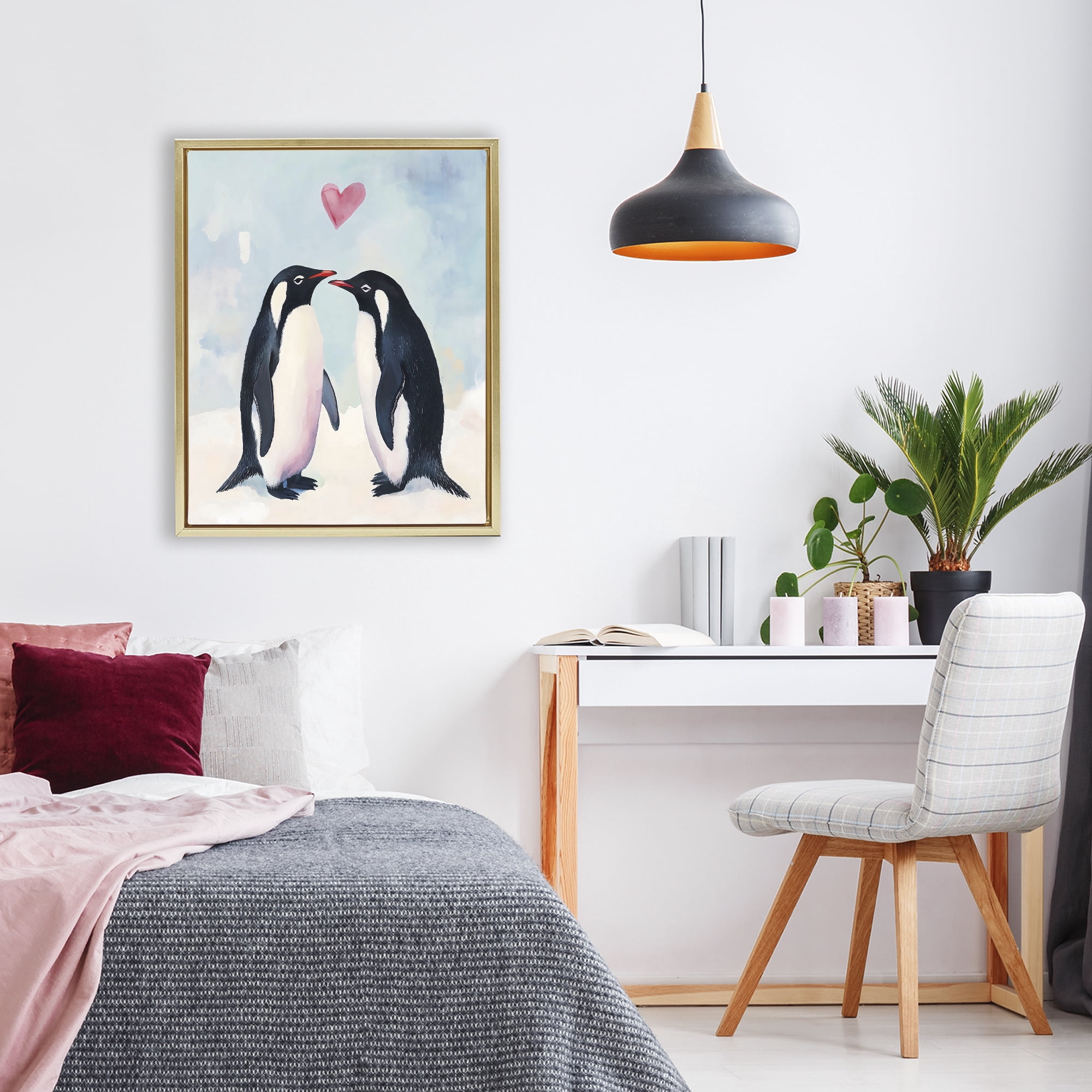 Stupell Industries Penguin Love with Heart Gold Framed Floater Canvas Wall Art, design by The Prints Vibe