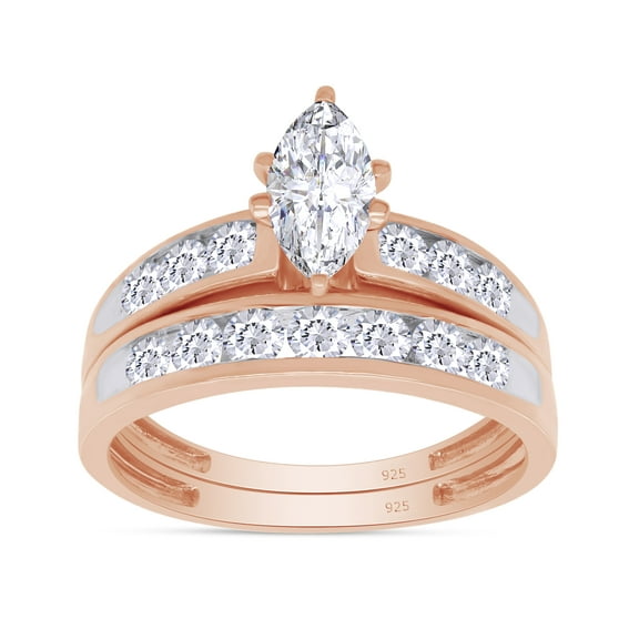 AFFY White Cubic Zirconia Love 2 In 1 Promise Ring Set In 14k Rose Gold Over Sterling Silver