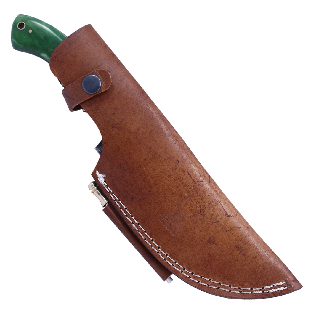 TheBoneEdge 10"" Damascus Blade Tracker Hunting knife Green Bone Handle With Leather Sheath
