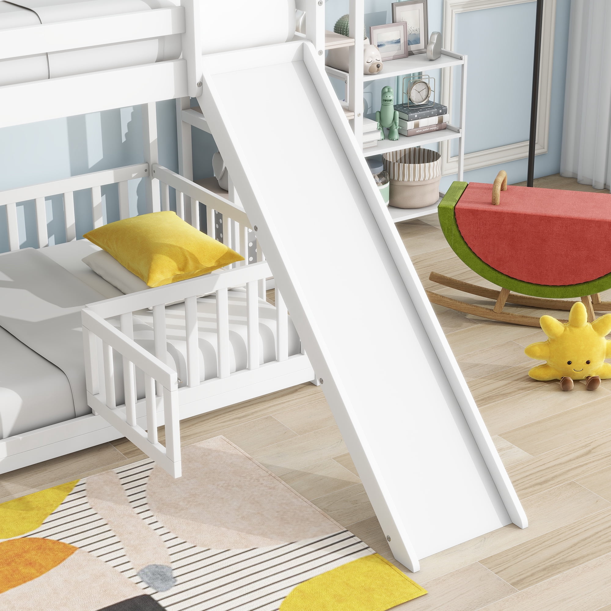 Euroco Twin over Twin Bunk Bed with Slide, Convertible Lower Bed with Guardrails for Kids Teens, White