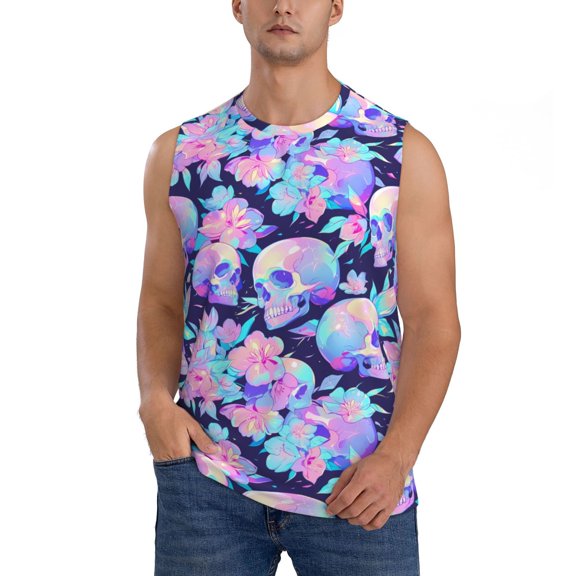 Xecao pinkk flower crystal Skull Print Men's Tank Top: Sleek Sleeveless Tee for Casual Sports and Beach Occasions-Small