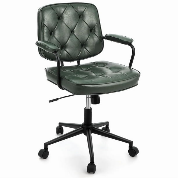 Silla de Oficina Ergonómica con Respaldo Medio, Apoyabrazos, Tapizado en Cuero PU, Ajustable en Altura, Color Verde