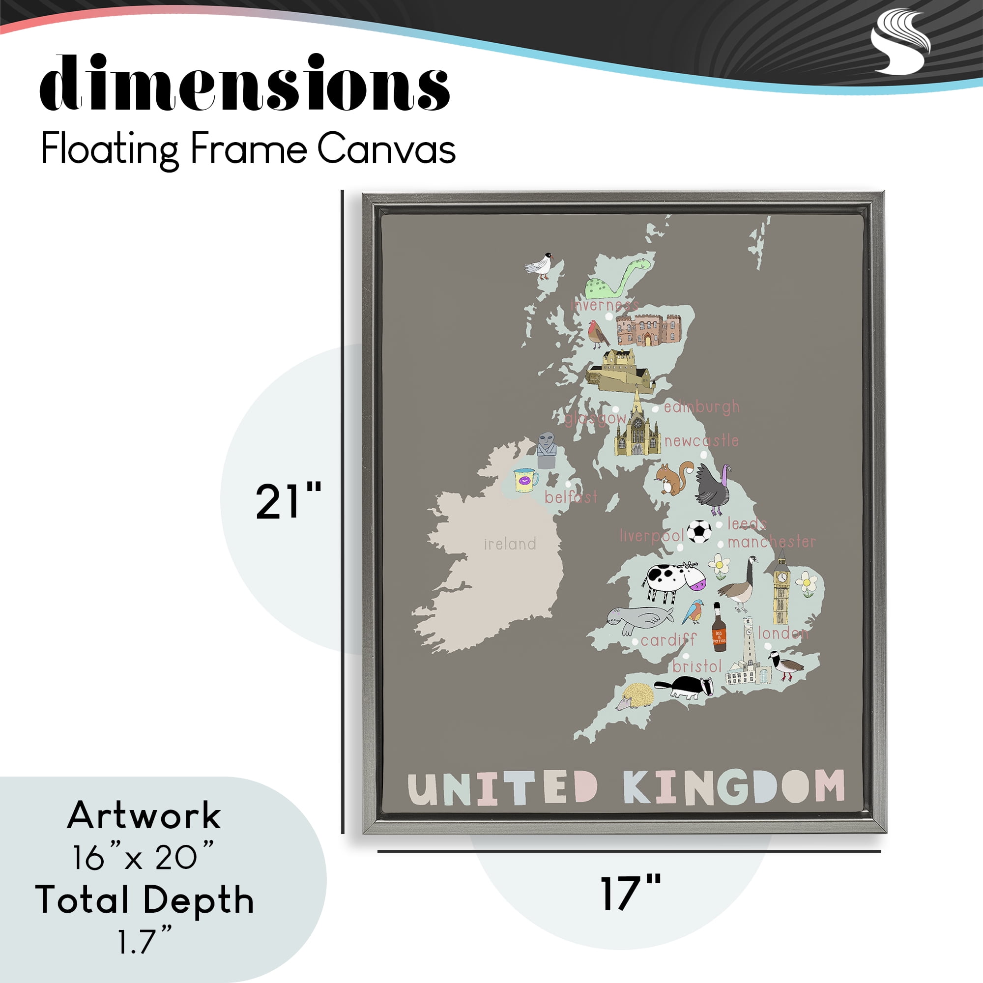 Kid's Map of United Kingdom Gray Framed Floater Canvas Wall Art, design by Carla Daly