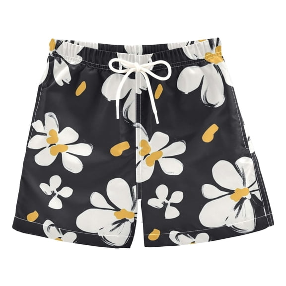 Black Background White Flower Boys Swim Trunks Quick Dry Boy Swim Shorts for 3-14 Years