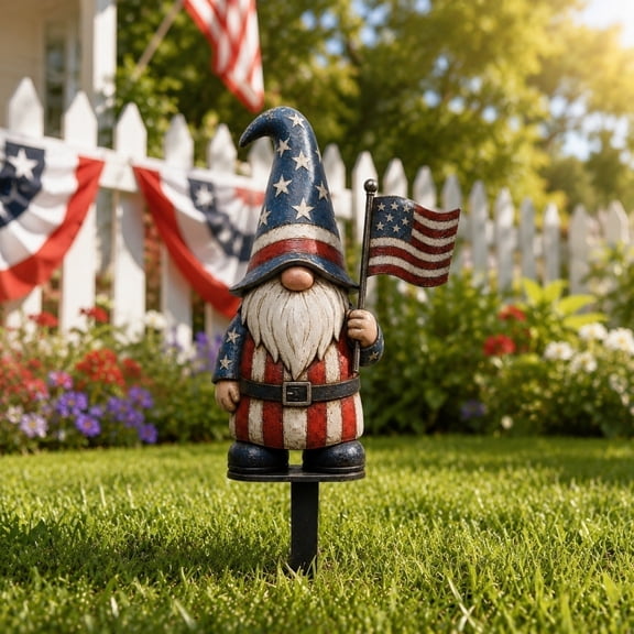 erdimoy 4th of July Patriotic Gnome Garden Stake, 12" Resin Gnome with American Flag for Independence Day Yard Decor