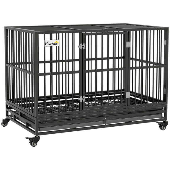 48" Heavy Duty Dog Crate Metal Cage Kennel with Lockable Wheels, Double Door and Removable Tray, Gray