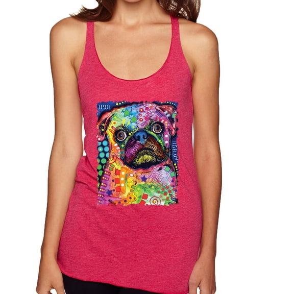 Funny Neon Pug | Dean Russo Art Animal Lover Tri-Blend Racerback Tank Top, Shocking Pink, Small
