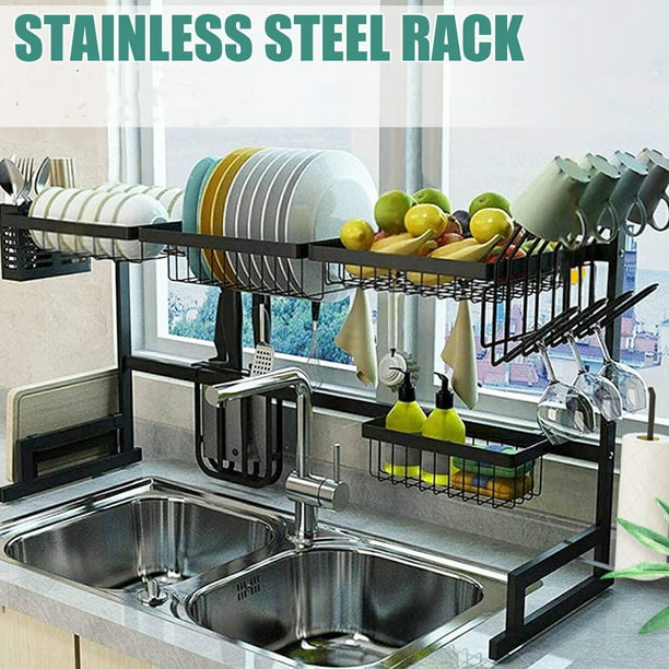 Stainless Steel Over Sink Dish Drying Rack Bowl Dish Stand Kitchen Organizer Holder Cup, Knife