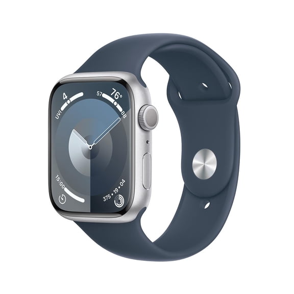 Restored Apple Watch Series 9 (GPS) 45mm Silver Aluminum Case with Storm Blue Sport Band (Refurbished)