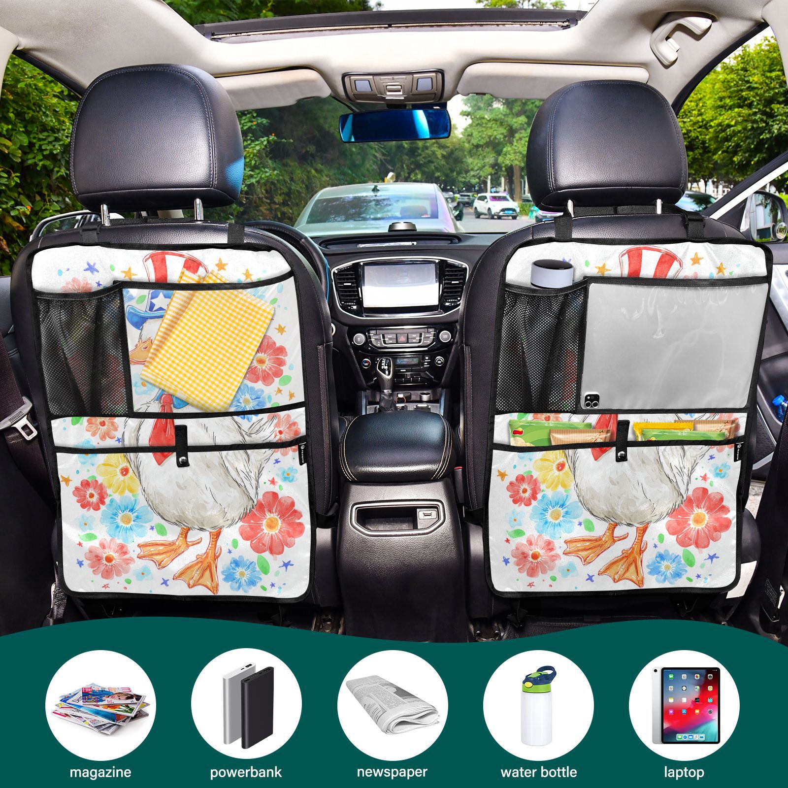 Patriotic duck floral hat tie Kick Mats (256 Pack) - Car Seat Back Protectors, Premium Waterproof Fabric, Reinforced Corners to Prevent Sag, and Mesh Pockets for Large Storage