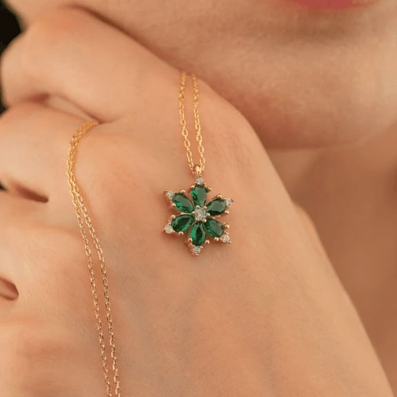 Pear Cut Green Emerlad Dainty Flower Necklace in 14k Yellow Gold Finish - May Brithstone Necklace