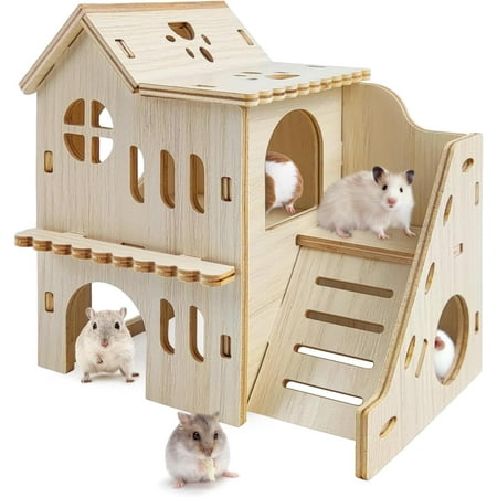 Hamster Hideout with Wooden House, Fun Slide, Double-Decker Hut & Maze - for Dwarf Hamsters, Gerbils, Mice, Small Animals