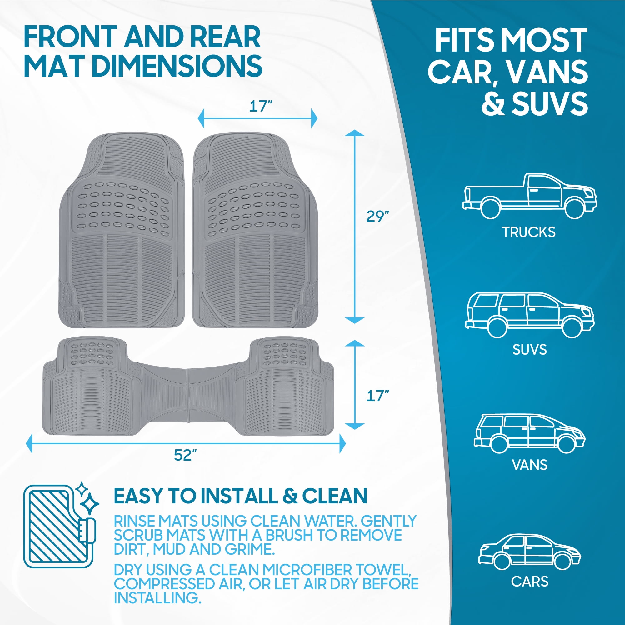 BDK 3-Piece Gray Rubber Floor Mats (Front + Rear), Heavy Duty Universal Fit Liners for Cars SUVs Trucks Vans, All Weather Protection Anti-Slip Nibs, Flexible Contours Fits Most Vehicles