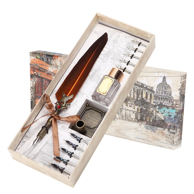 Juego de pluma de pluma Vintage creatividad tinta tallada traje de escritura para amante profesor compañero de clase regalo marrón