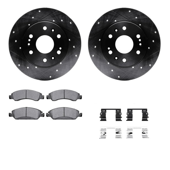 Dynamic Friction Company Front Brake Rotors-Drilled and Slotted-Black with Heavy Duty Brake Pads includes Hardware 8212-48143