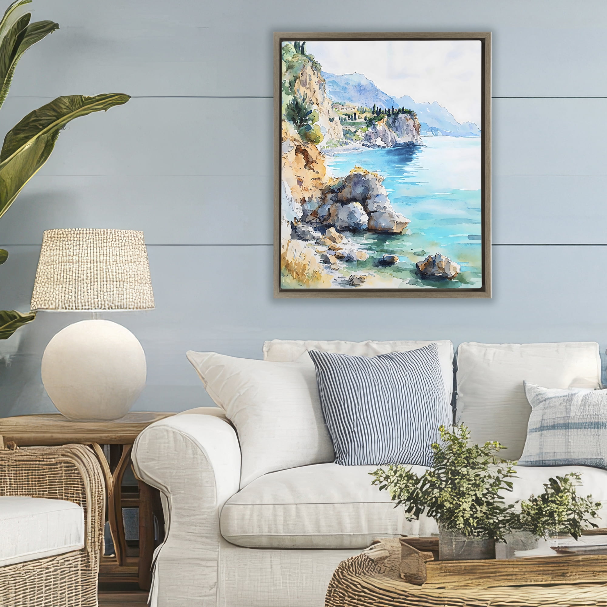 Stupell Industries Azure Italian Coastline Brown Framed Floater Canvas Wall Art, design by LSR Design Studio