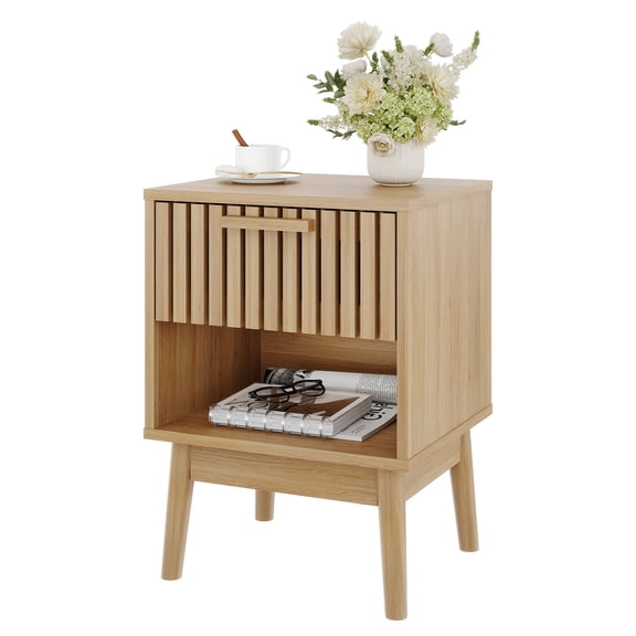 Kselythan Modern Boho Farmhouse Wooden Nightstands, Decorative Bedside End Table Featuring Drawer, Open Storage Shelf and Wood Legs for Bedroom, Dorm & Small Space Living Room