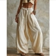 thumbnail image 2 of Women's Linen Wide Leg Pants, Elastic Drawstring High Waist Loose Flowy Pants with Pockets, Casual Dressy Summer Beach Trousers, Lightweight Boho Palazzo Pants | UKHCCC,Khaki L, 2 of 8