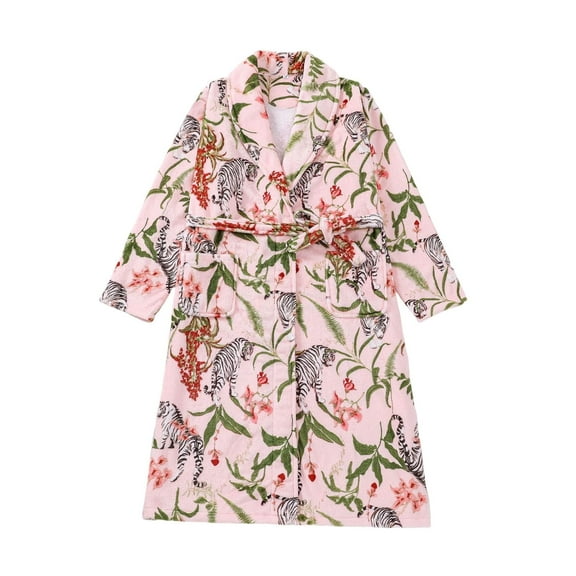 FAWUUDO Women's Robe Long Plush Soft Bathrobe Jacquard Color Block Robes Shawl Collar Sleepwear with Pockets