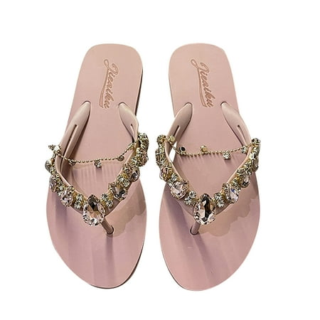 

Lolmot Sandals for Women Flat Rhinestone Sandals Slippers Women s Flat Sandals Flip Flop Jeweled Sandals Summer Beach Travel Shoes