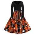 thumbnail image 2 of Halloween Dresses for Women Skeleton Candy Long Sleeve Cocktail Hepburn Retro Tea Length Dress V Neck 1950s Fall Classic Dresses with Belt L, 2 of 5