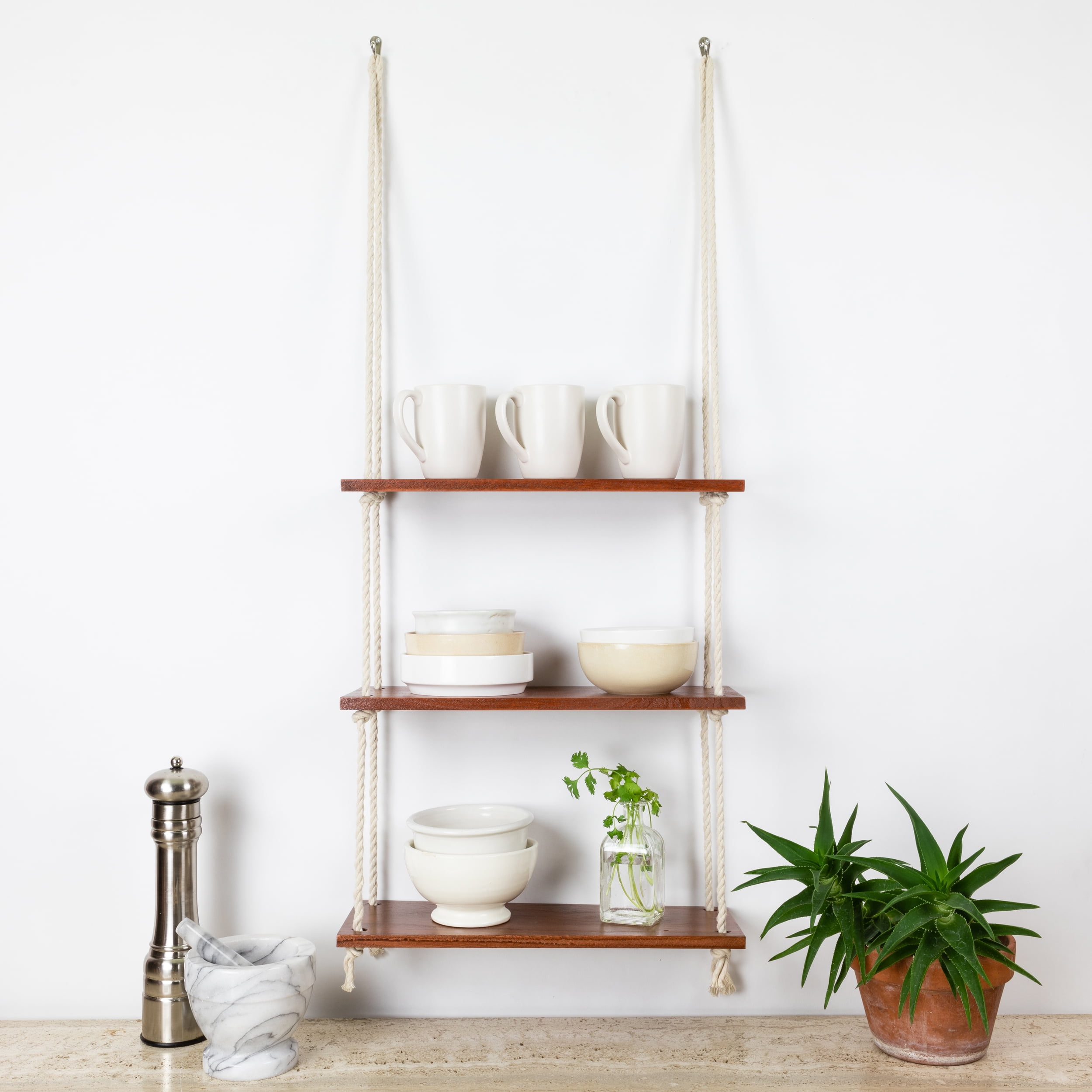 Hanging Shelves With White Cotton Rope Floating Wall Shelves For