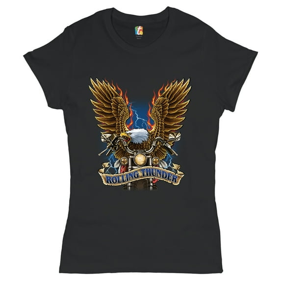 Tee Hunt Rolling Thunder T-Shirt Biker Born to Be Wild Bald Eagle Outlaw Women's T-Shirt Tee, Black, XX-Large