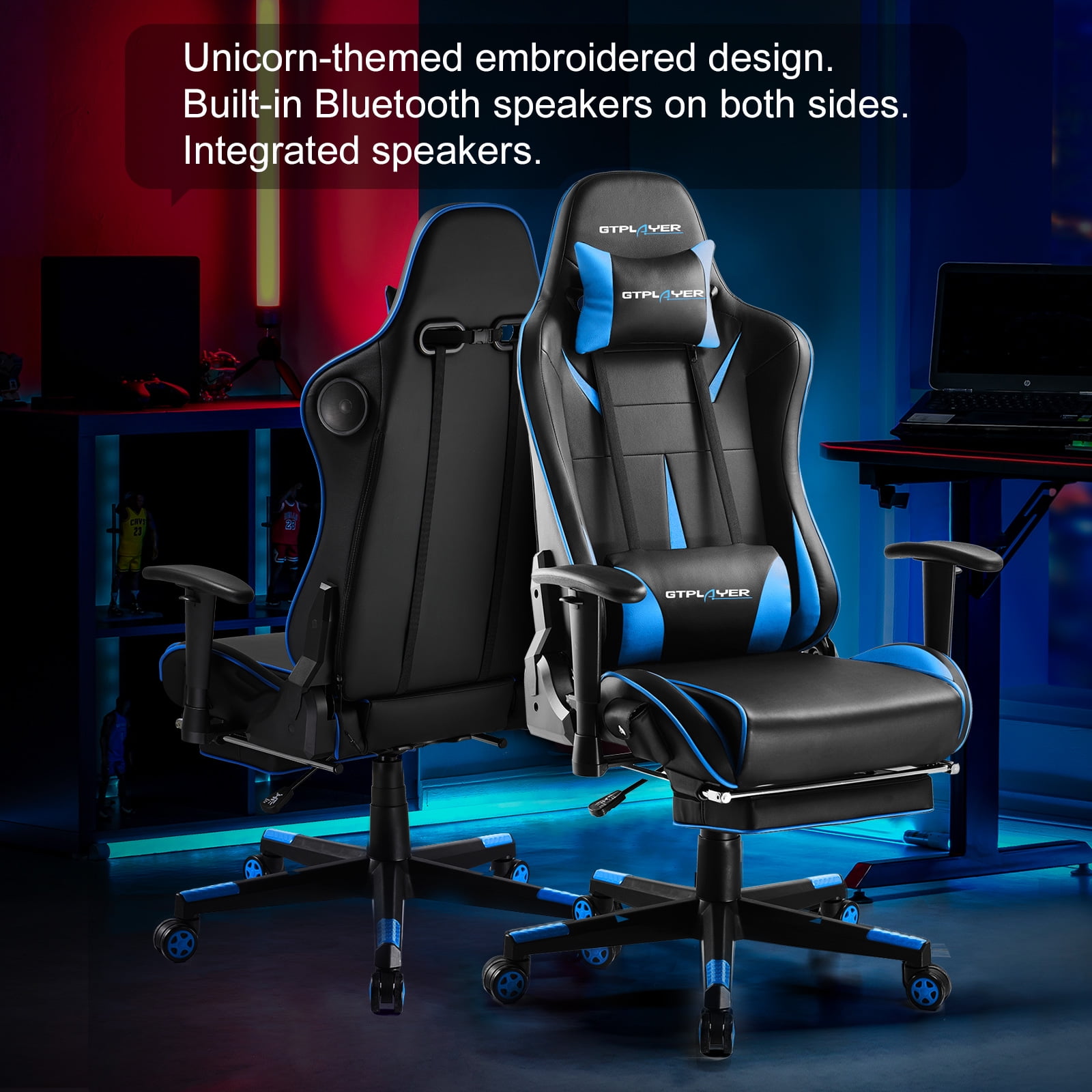 GTRACING Music Gaming Chair with Footrest Ergonomic Reclining PU Leather Office Chair, Blue
