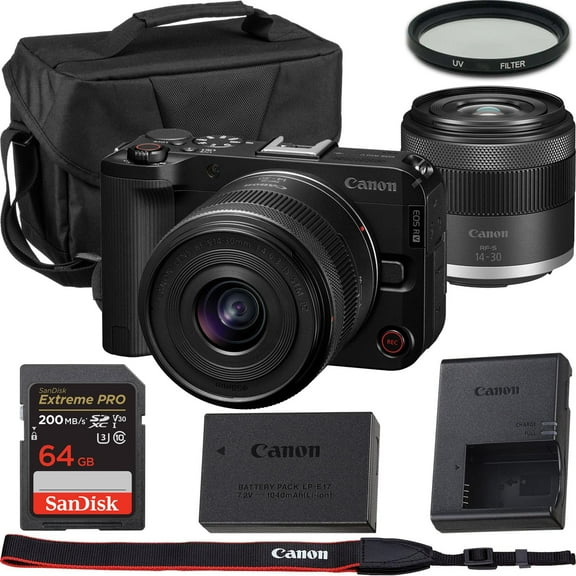 Canon EOS R50 V Mirrorless Camera with RF-S 14-30mm f/4-6.3 is STM PZ Lens   64 GB Memory   Camera Case   UV Filter & More (11pc Bundle)