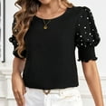 thumbnail image 5 of JGGSPWM Women Puff Short Sleeve Smocked Cuffs Pearled Beaded Fashion Casual Elegant Summer Tops Blouse Black XS, 5 of 9