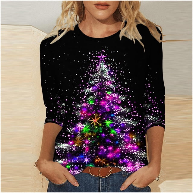 RKSTN Chemisiers pour Femmes T-Shirts Mode pour Femmes Décontractés Col Rond Manches 3/4 T-Shirt Ample Chemisiers pour Dames Chemises Chemisiers pour Femmes Chic Décontracté