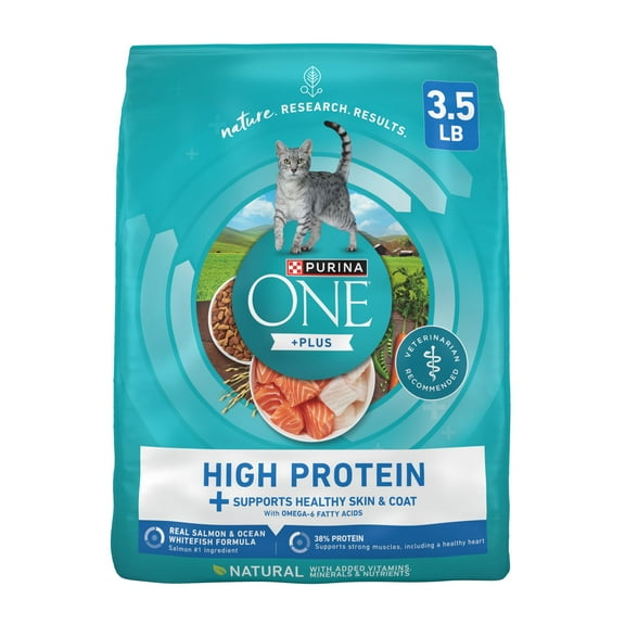 Purina ONE Plus Natural High Protein Dry Cat Food Salmon and Ocean Whitefish Skin and Coat Health Formula, 3.5 lb Bag
