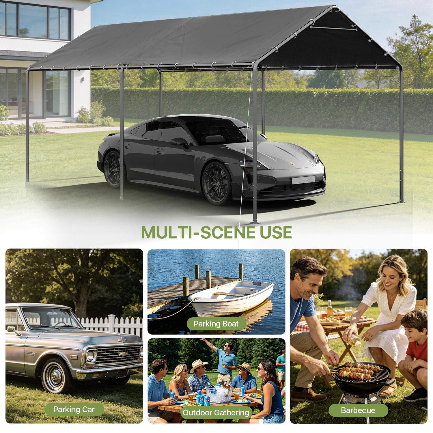 BaPiPro 10' x 20' Gray Gable Roof Carport Canopy, Heavy-Duty Galvanized Steel, Waterproof UV-Resistant PE Tent with Adjustable Height, 7-Level Wind Resistance for Car, Boat and Patio Storage