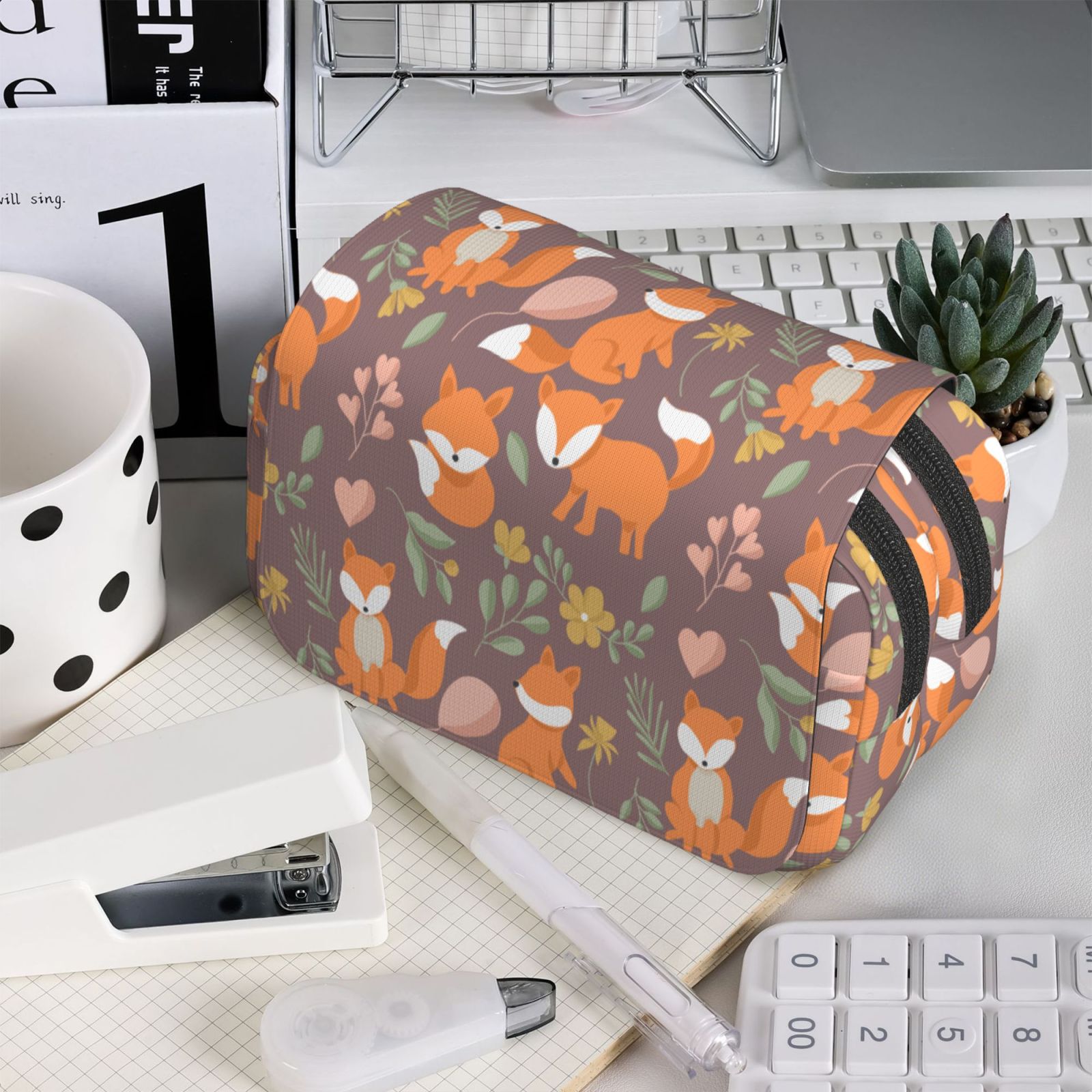 Rateoe Cute Little Fox Pattern Double Clamshell Pen Case, Storage Organizer with Two Zipper Compartments– Holds Up to 50 Pencils & Pens