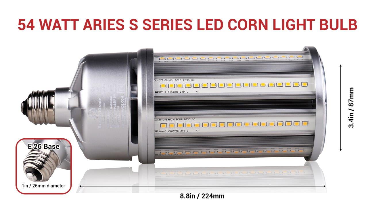 54 Watt LED Corn Light Bulb Standard E26 Base 7020 Lumens Replacement for 70 watt HID/HPS/Metal Halide or CFL High Efficiency 130 Lumen/watt Aries S Series LED Corn Light Bulb 5700K