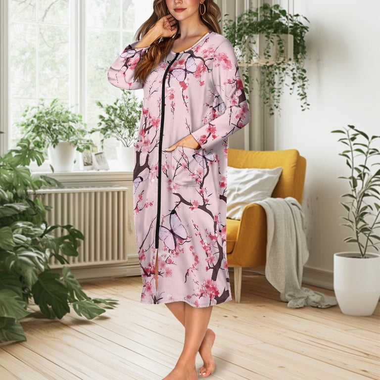 ForUDesigns for U Designs Butterfly Cherry Blossom Pink Pattern House Dresses for Women Breathable Womens Embroidered Housecoat Lightweight Long
