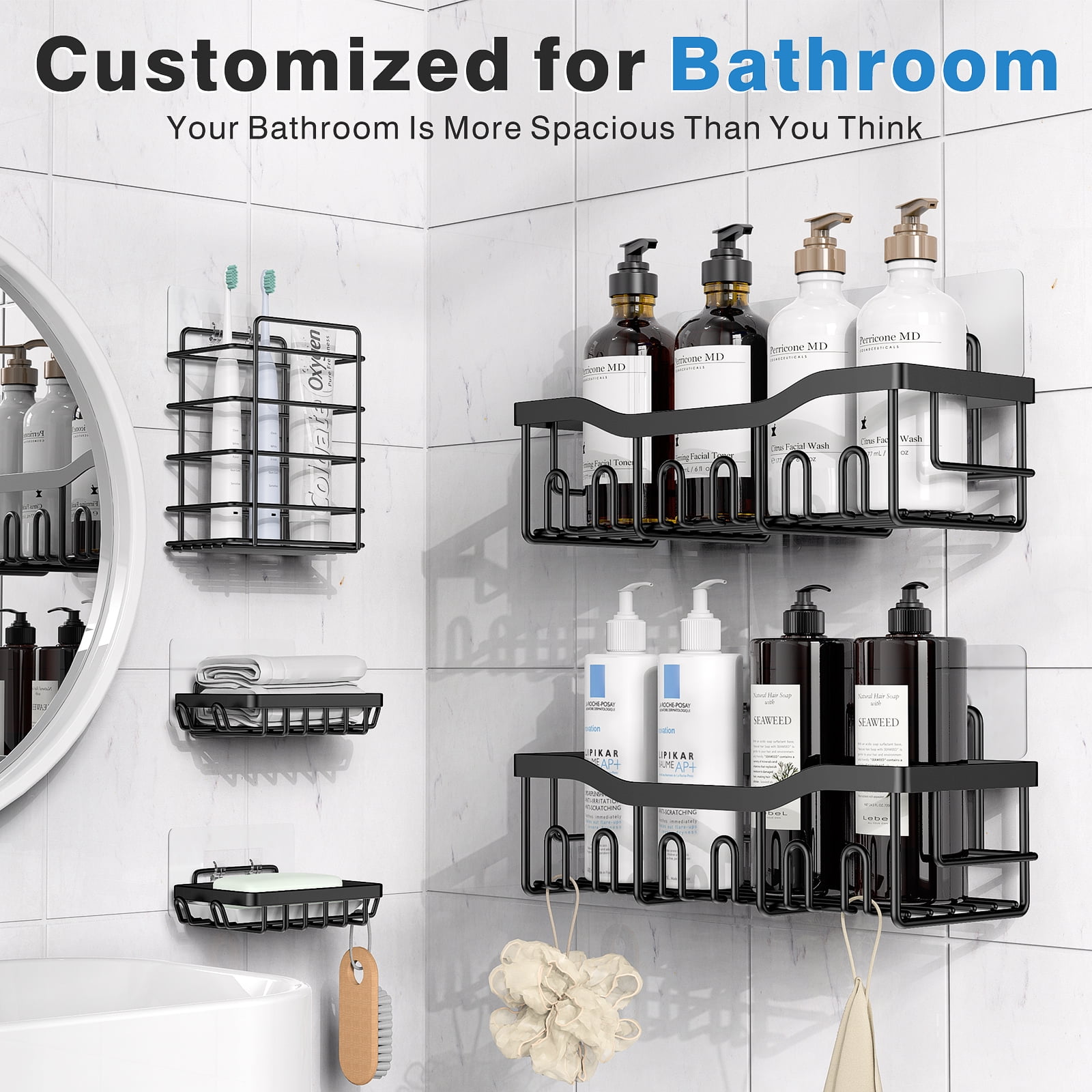 Veluckin Shower Caddy 6 Pack,Shower Shelves,No Drilling,Large  Capacity,Adhesive Shower Organizer for Bathroom Storage&Kitchen(Black)